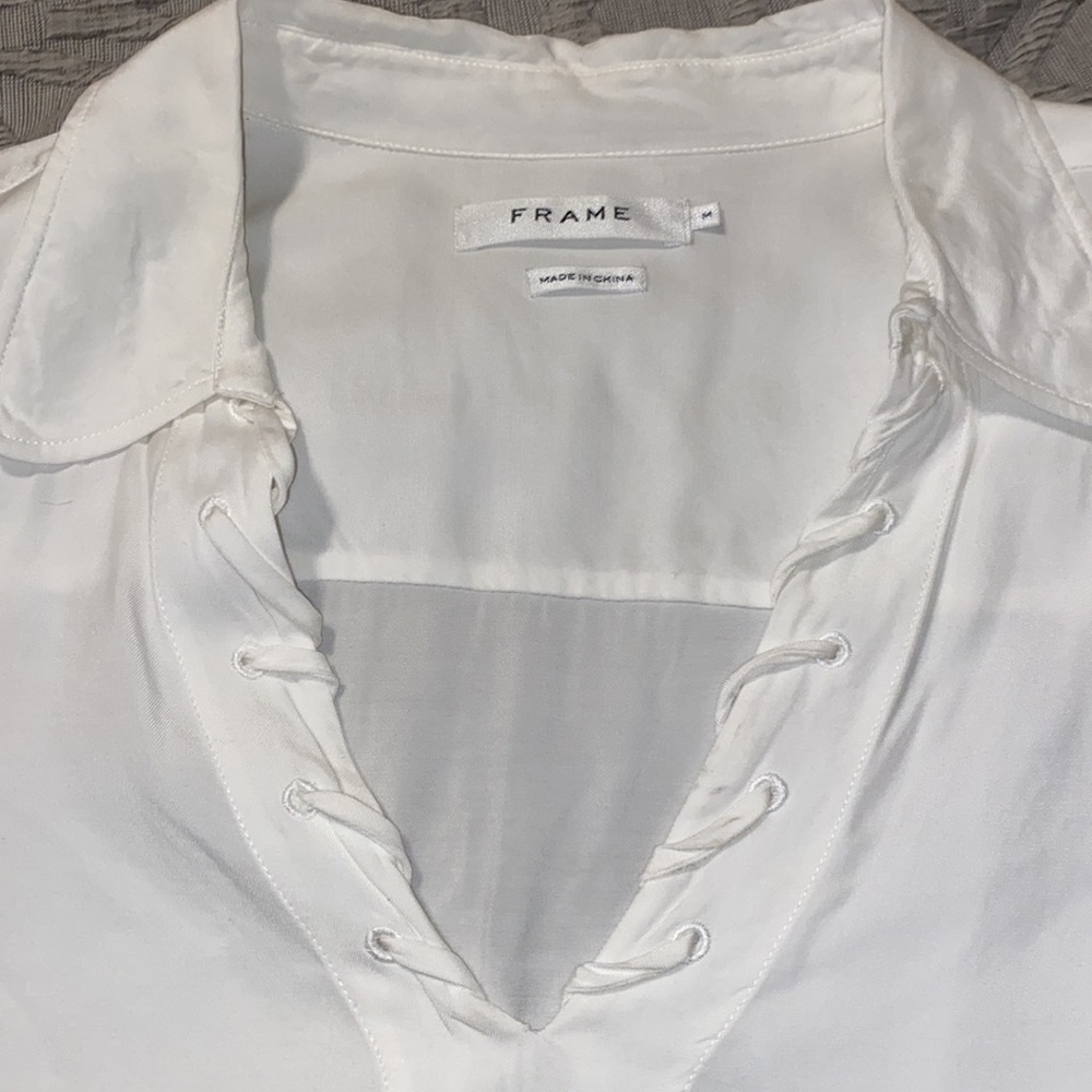 FRAME Whipstitch V-Neck Blouse Top, Off White - Picture 8 of 8